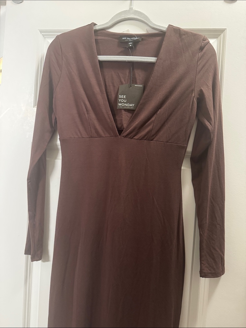 See You Monday Chocolate Brown Long-Sleeve V-Neck Dress